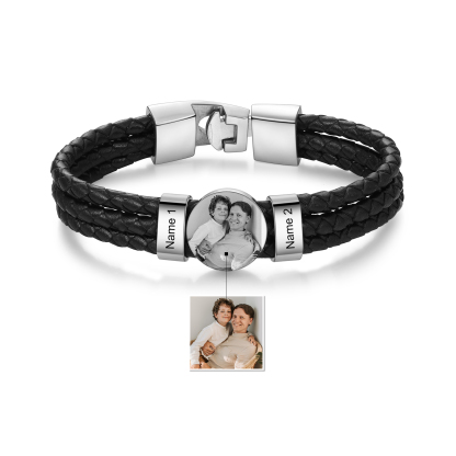 Personalised Braided Leather Bracelet Engraved with 2 Names and Customized 1 Photo Men's Bracelet for Dad