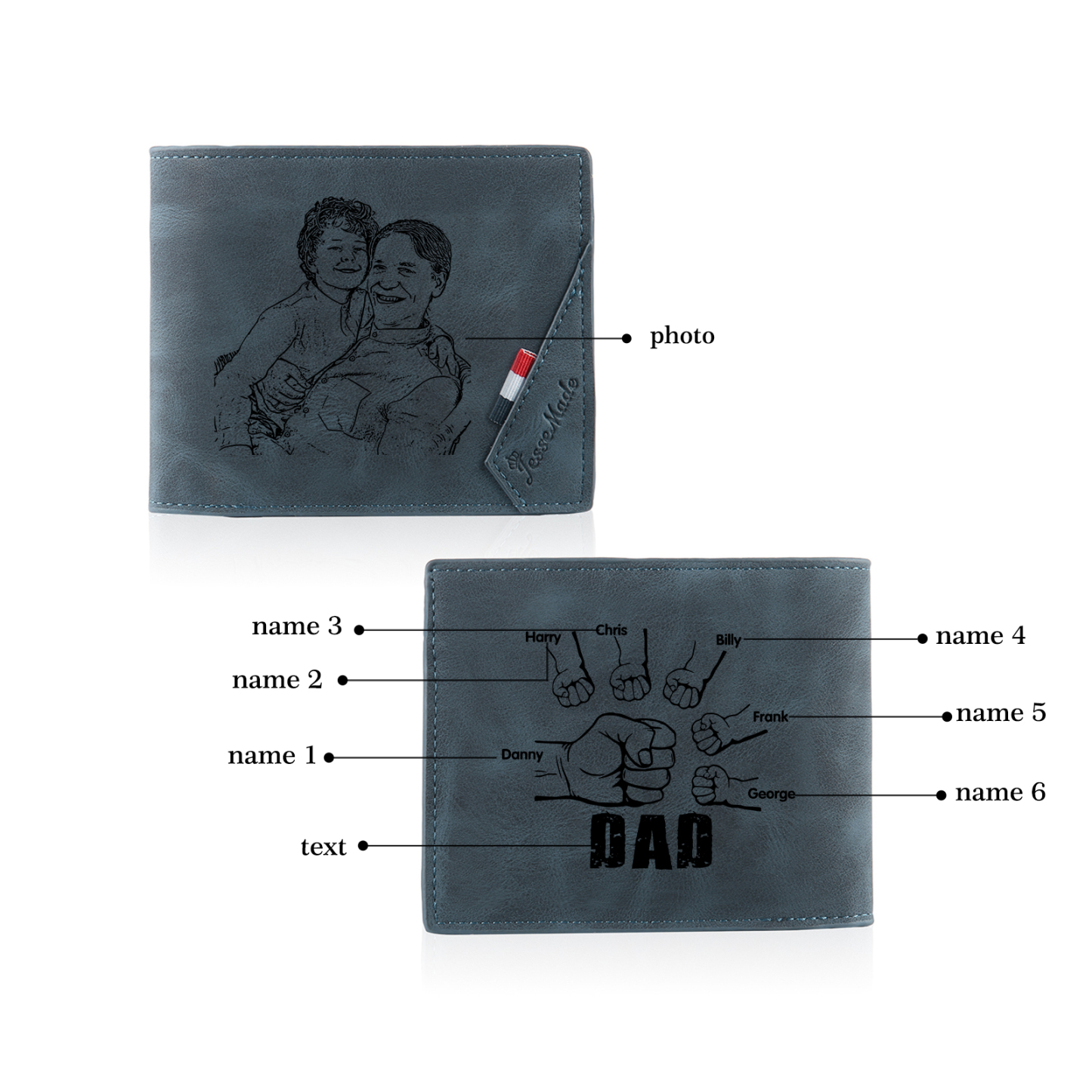 6 Names - Personalised Fist Bump Photo Custom Leather Men's Wallet as a Father's Day Gift for Dad