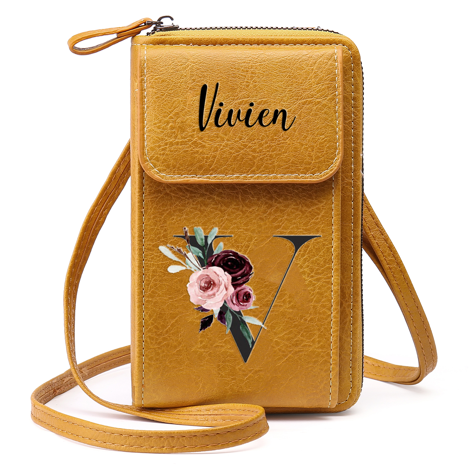 Custom Purse-Personalised Women's Leather Wallet Custom Letter & Name Mobile Phone Wallet Zipper Crossbody Bag