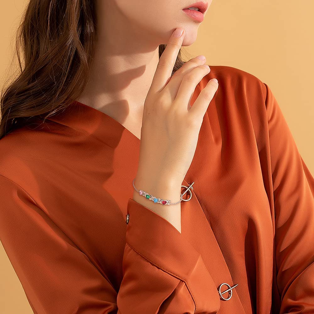 September Birthday Personalised Bracelet With 4 Heart Birthstones Engraved Names Bracelet Gift For Women