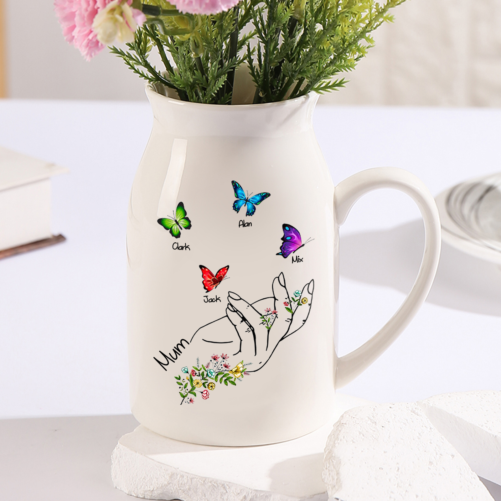  Personalised 2-8 Names Beautiful Flower Hand Butterfly Ceramic Vase Gift For Mum
