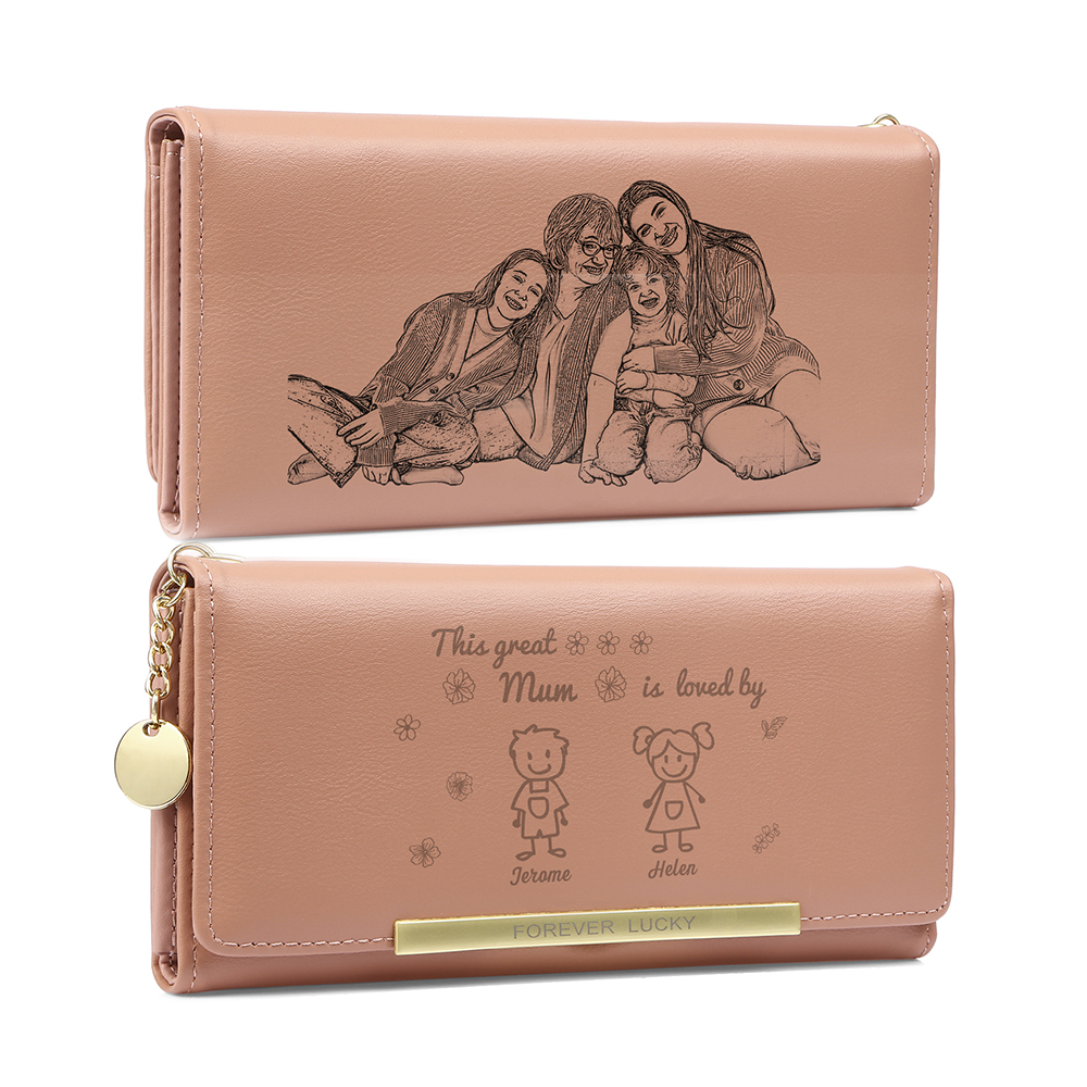 Personalised Women Photo Leather Wallet Purse With Custom 2 Kids And Pet Name –“This Great Mum Is Loved By' - Mother's Day Presents For Mum | Jessemade
