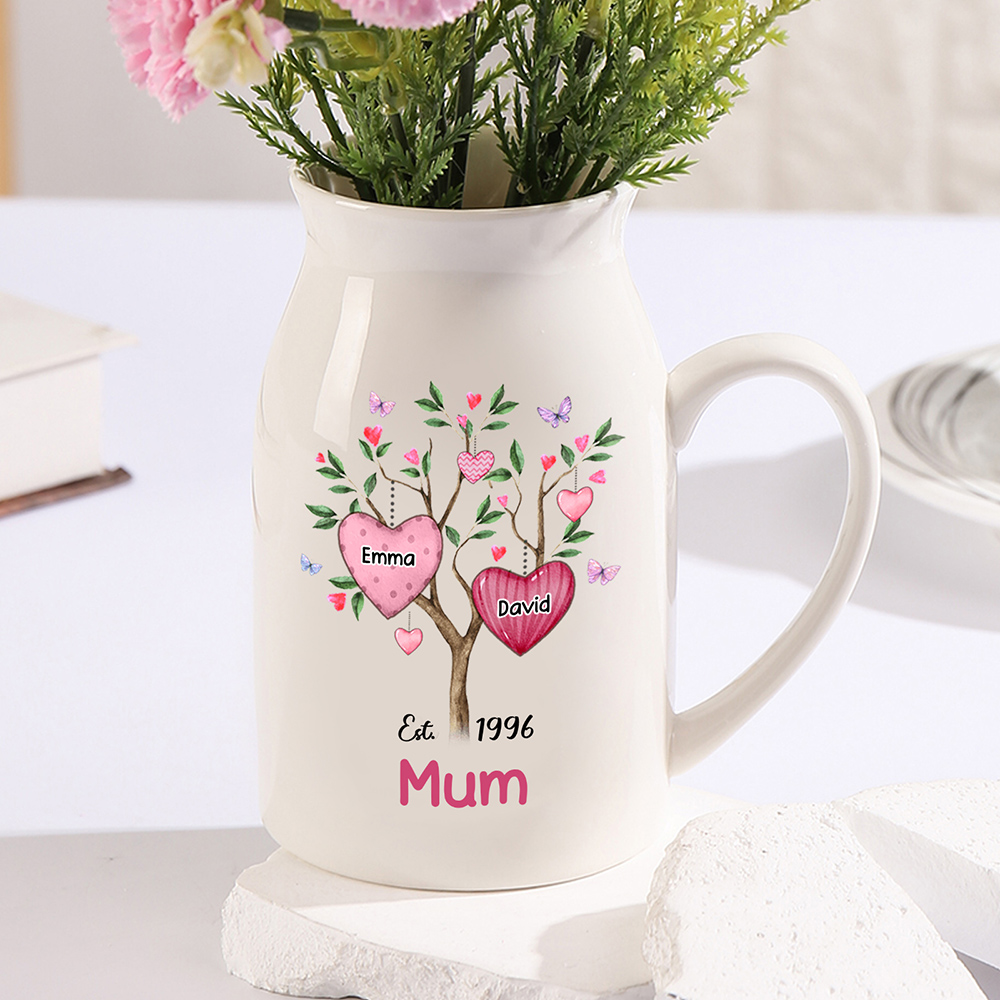 Personalised Heart Tree Ceramic Vase with 2-8 Names, 1 Date & 1 Text – Unique Mother's Day Gifts for Mum | Jessemade