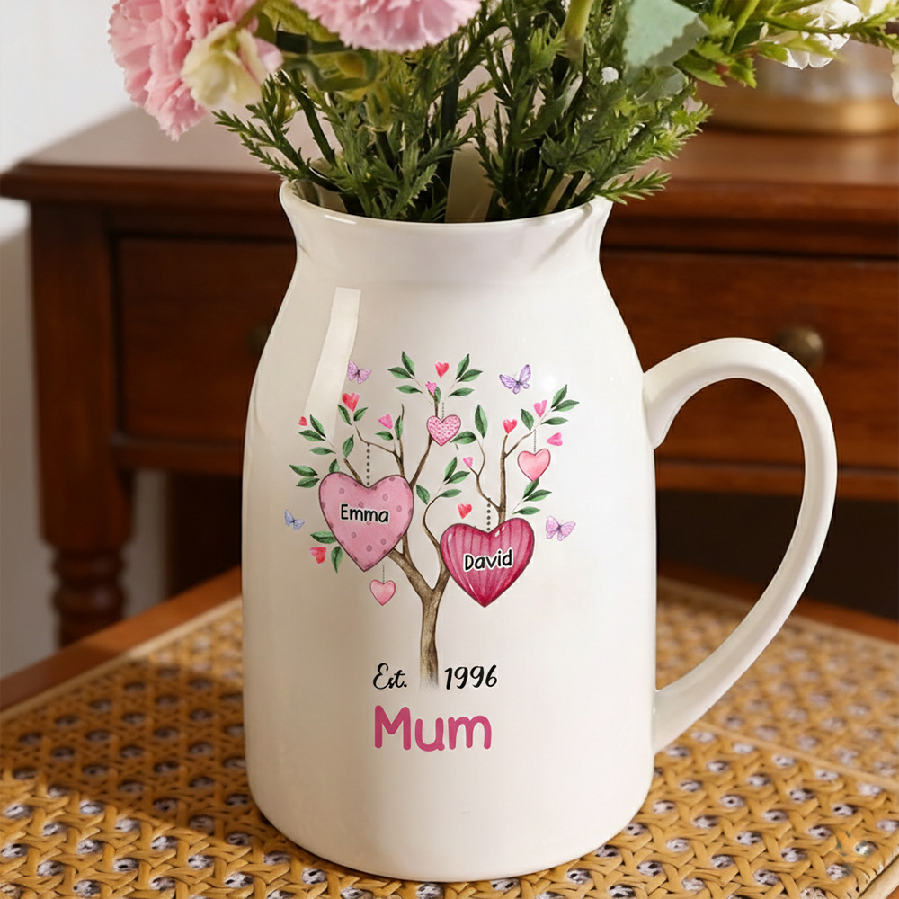 Personalised Heart Tree Ceramic Vase with 2-8 Names, 1 Date & 1 Text – Unique Mother's Day Gifts for Mum | Jessemade