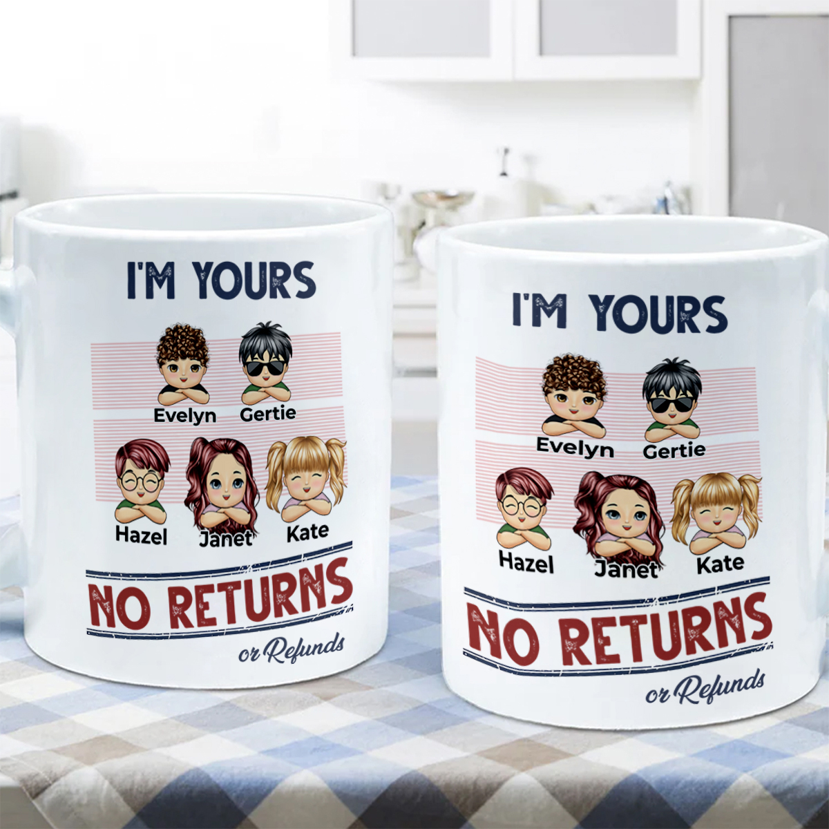 Personalised Family Cartoon Character Mug Custom 1-5 Names Mug- "I'm Yours, No Returns or Refunds" Design | Jessemade