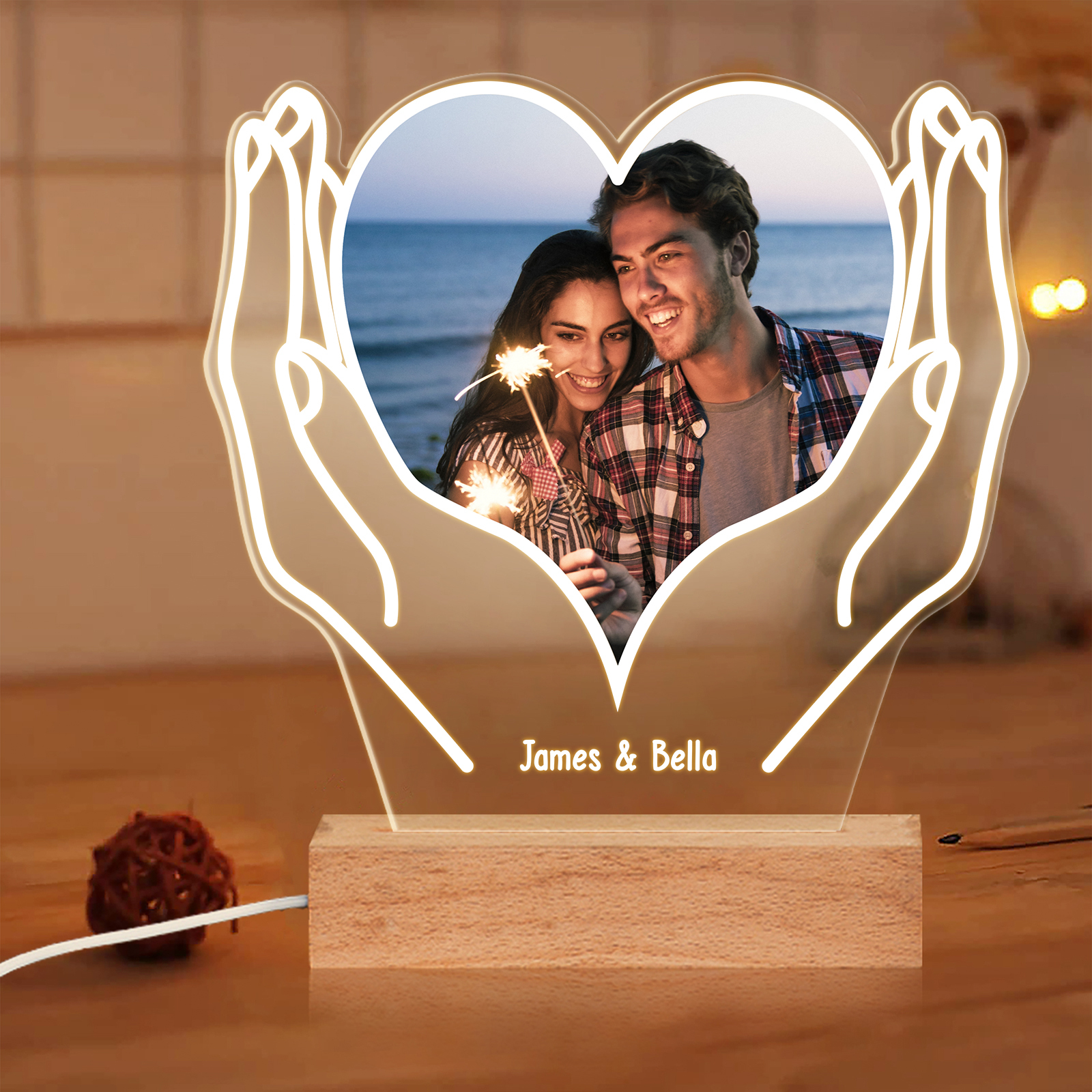 Personalised Heart Photo Lamp – Custom Name Gift with Mirror Hands Couple Memorial Gifts for Her | Jessmade