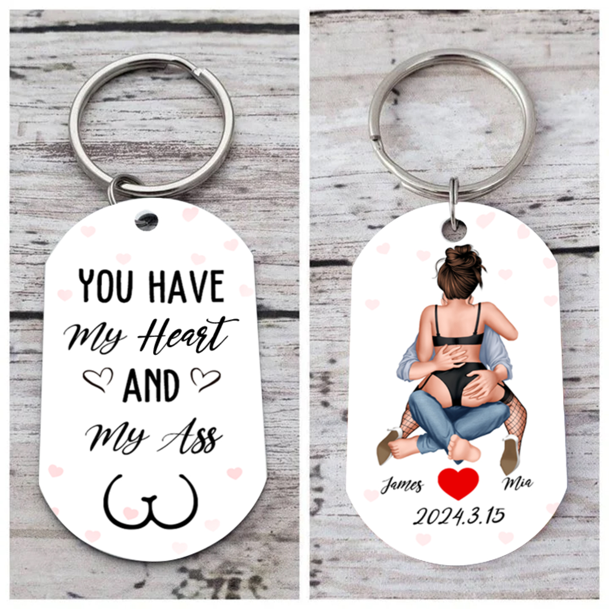 Personalized Keyring Custom 2 Names & Date with "You Have My Heart And My Ass" - Valentine Gift for Couple | Jessemade