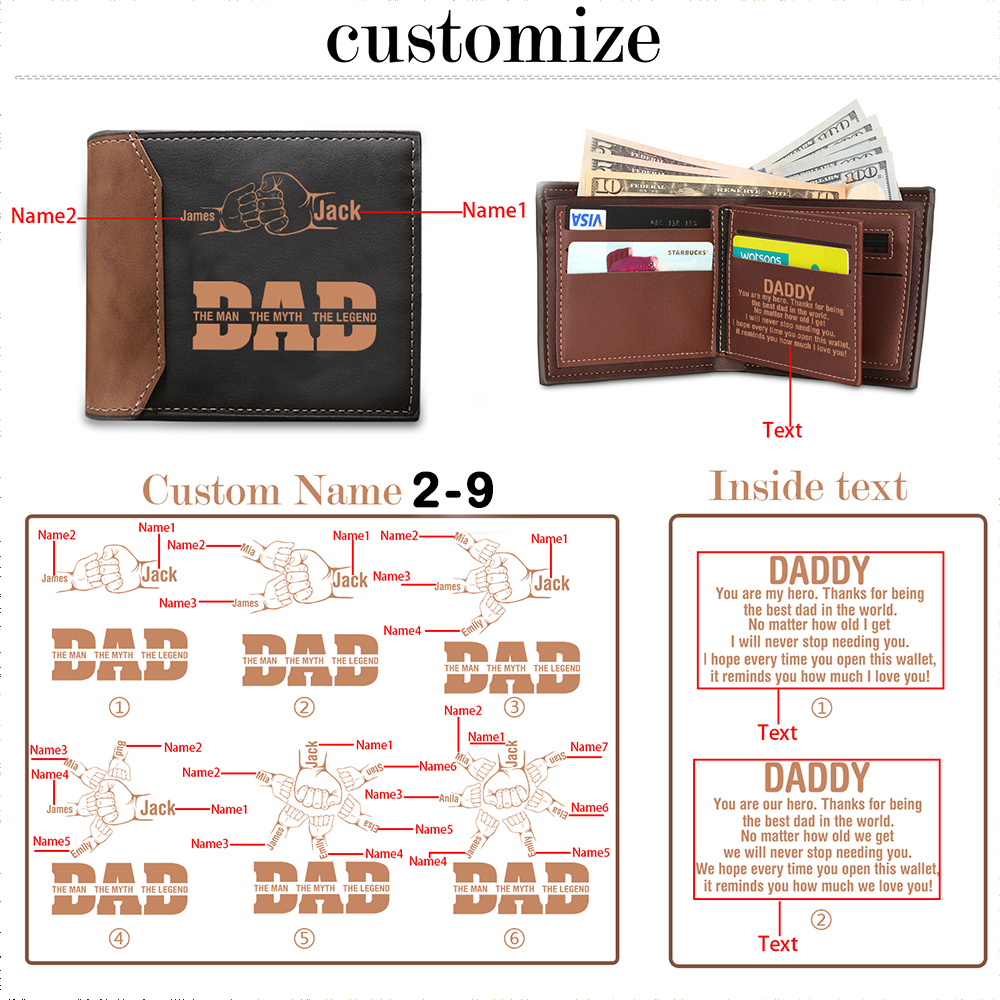 Personalized Men's Leather Wallet Custom 2–9 Names Billfold Wallet Fist Bump Gift for Dad - The Man, The Myth, The Legend