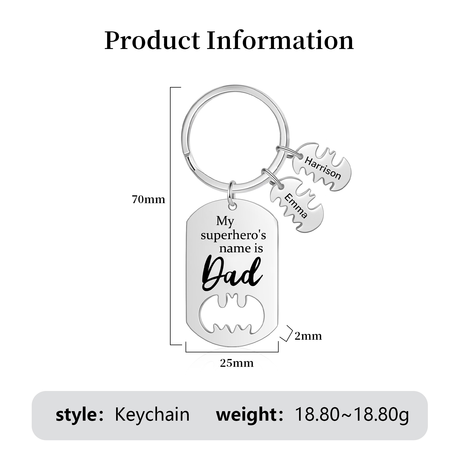 2 Names -Personalised Bat Keyring Father Keyring Gifts for Batman Dad - My Superhero's Name Is Dad