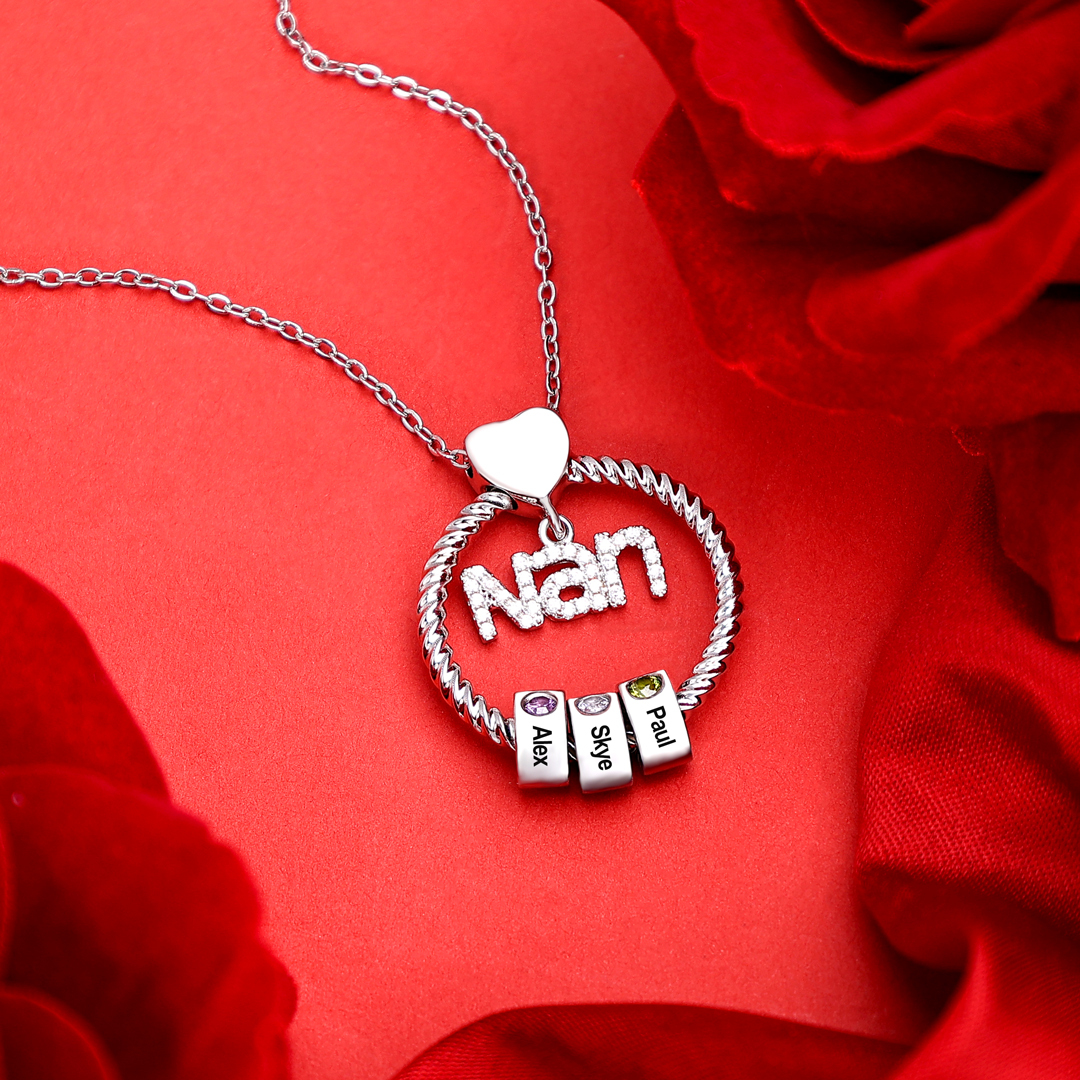 2 Names-Personalised Nanny Circle Necklace With 2 Birthstones Pendant Engraved Names Gift For Nanny