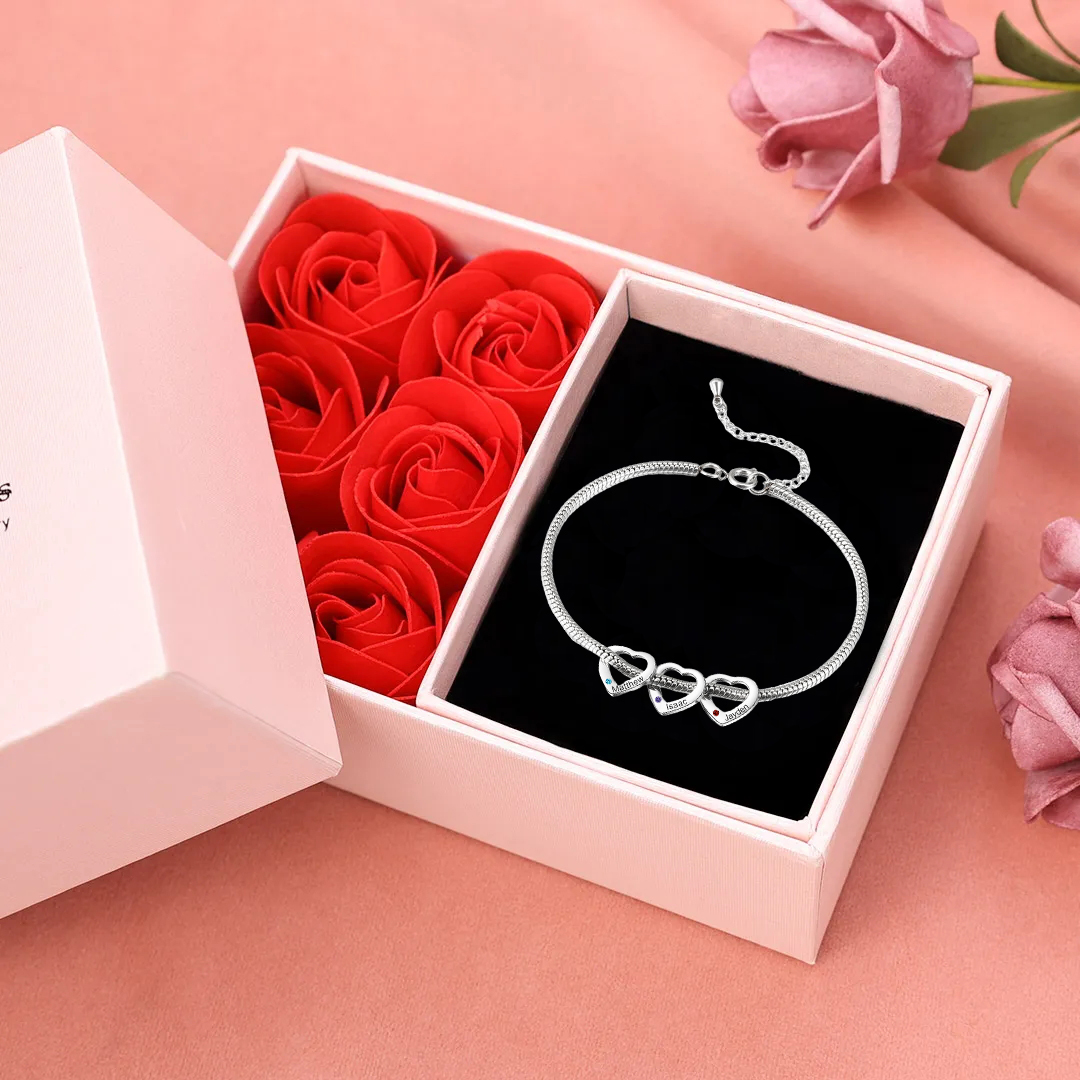 Custom Anklet Engraved 3 Names and Birthstones Heart Shaped Charm Personalised Bracelet for Women