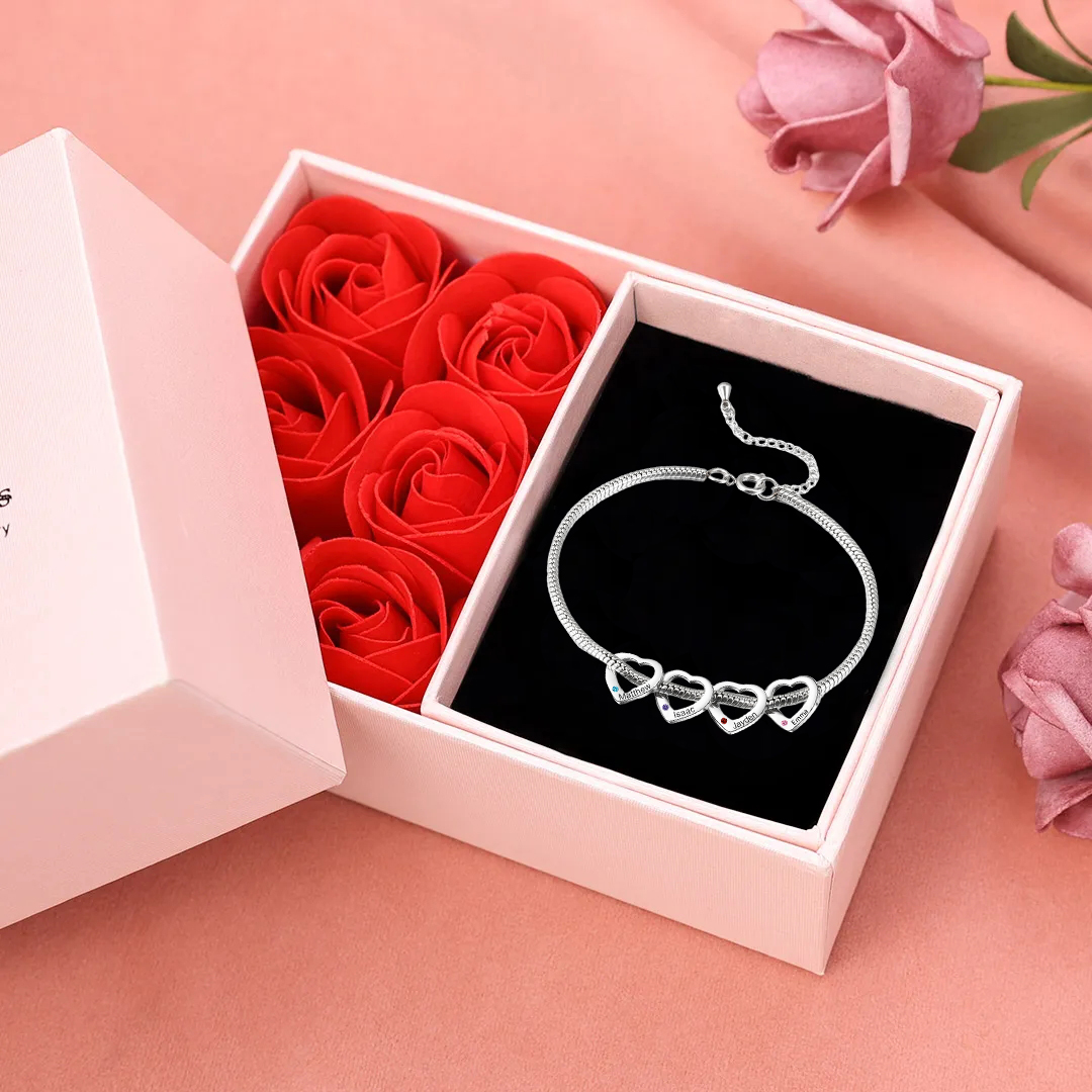 Custom Anklet Engraved 4 Names and Birthstones Heart Shaped Charm Personalised Bracelet for Women