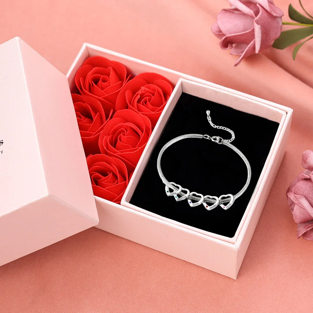 Custom Anklet Engraved 5 Names and Birthstones Heart Shaped Charm Personalised Bracelet for Women