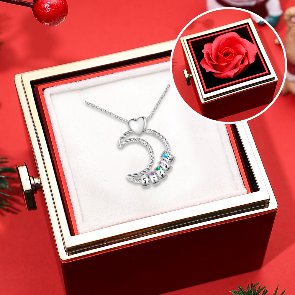 Personalised Birthstone Necklace Custom 5 Birthstones & 5 Names with Heart and Cubic Zirconia Necklace Gift for Her | Jessmade