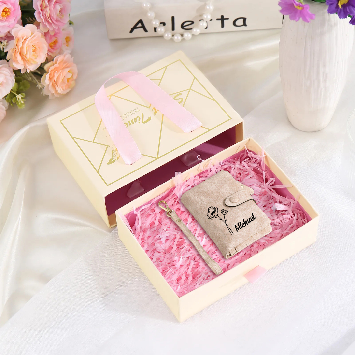 Personalised Birth Flower Wallet with Custom Name – PU Leather Clutch 