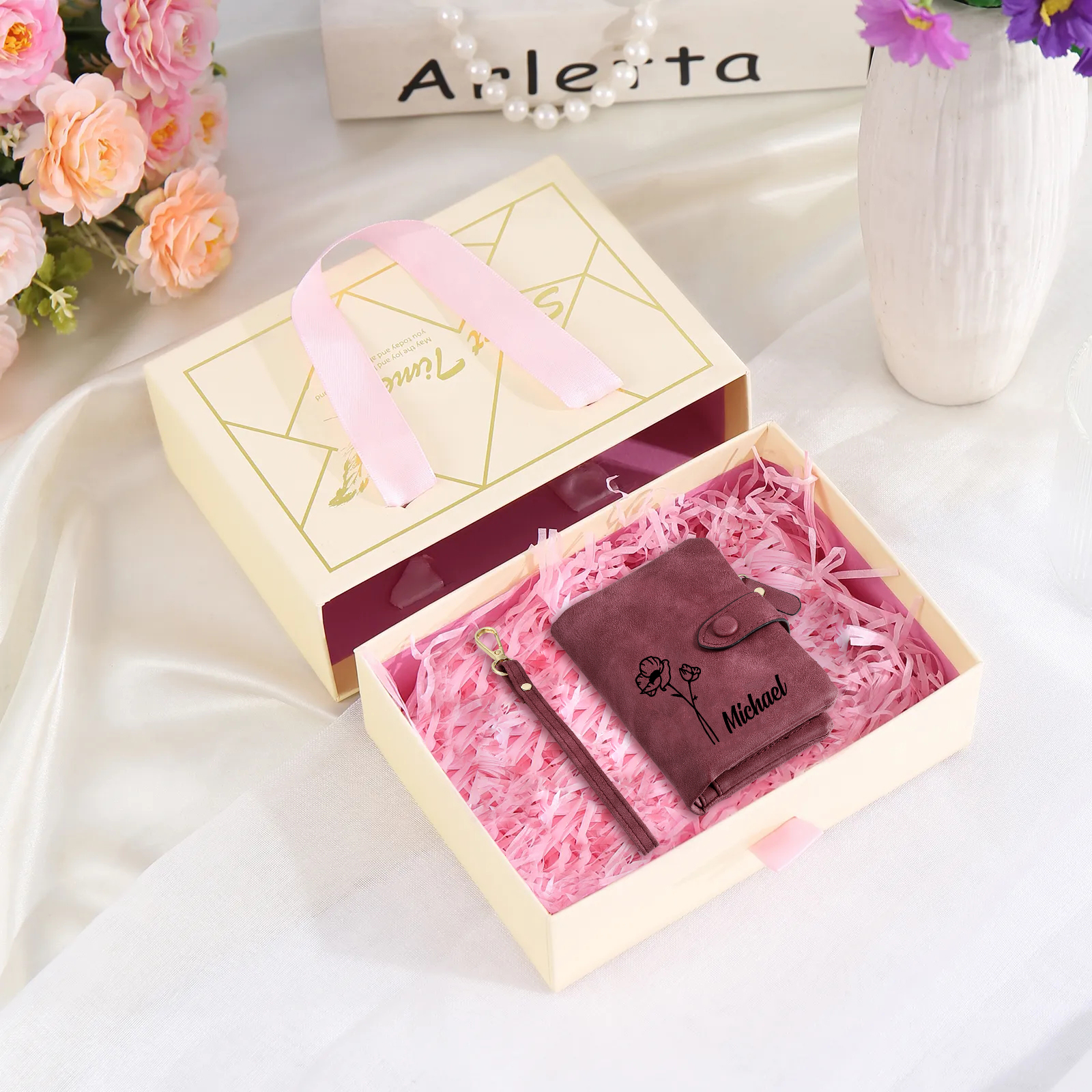 Personalised Women's Wallet Custom Birth Flower and Name PU Leather Wallet Gift for Her | Jessmade