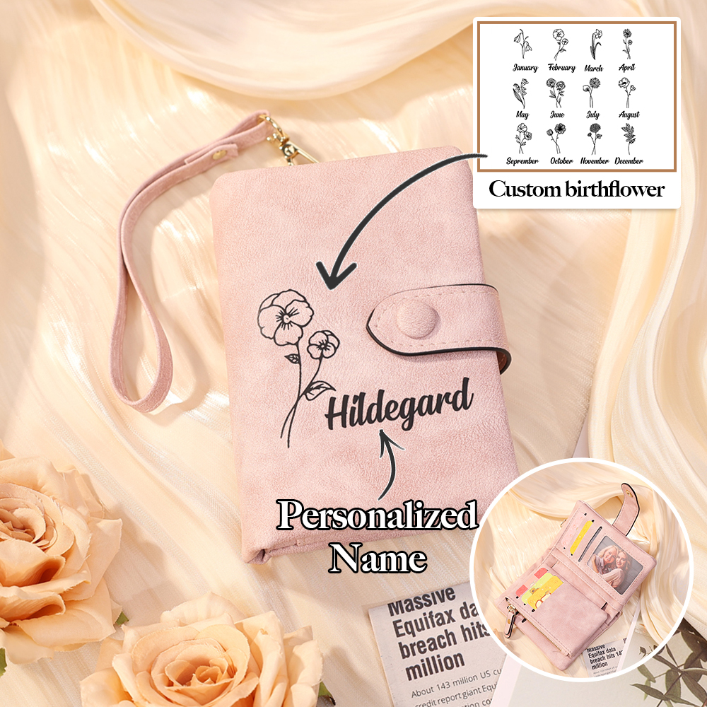 Personalised Birth Flower Wallet with Custom Name – PU Leather Clutch Women's Wallet Gift for Her | Jessmade