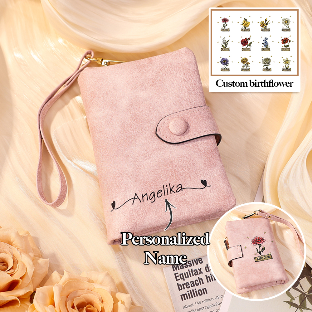 Personalised Women's Wallet Custom Birth Flower and Date PU Leather Wallet Gift for Her | Jessmade