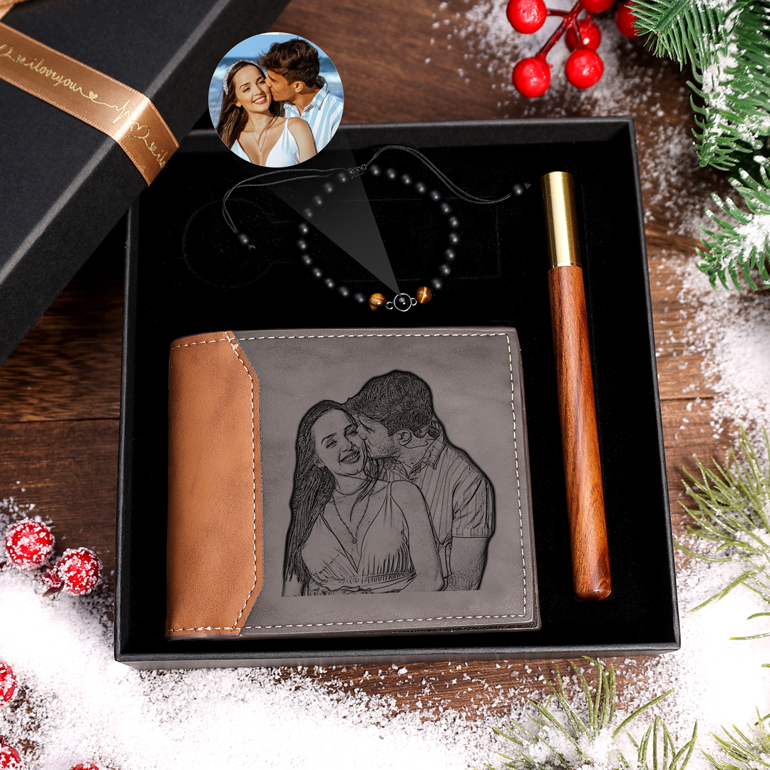 Personalised Wallet & Projection Stone Bracelet Gift Set - Custom Photo, Name & Initials for Him | Jessemade