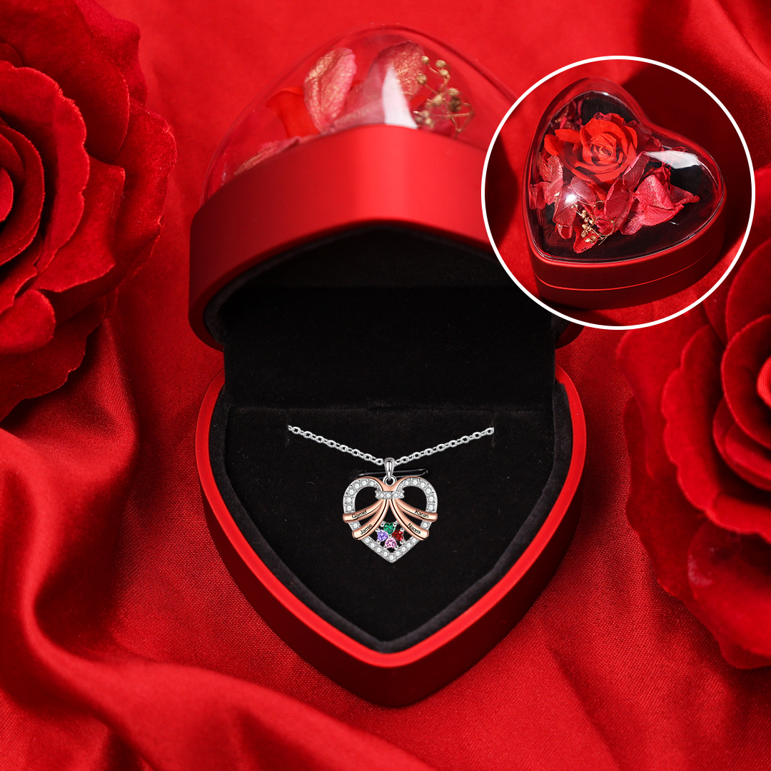 Personalised Custom 4 Names Heart Necklace with 4 Birthstones Women's Necklace Gift for Her | Jessemade