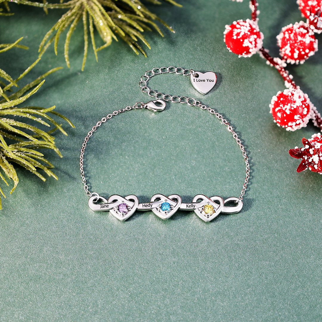 3 Names-Personalised Linked Heart Bracelet With 3 Birthstones Engraved Names And Text Bangle - Special Gift For Her
