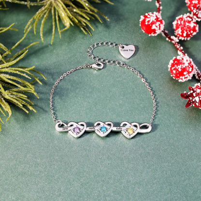 3 Names-Personalised Linked Heart Bracelet With 3 Birthstones Engraved Names And Text Bangle - Special Gift For Her