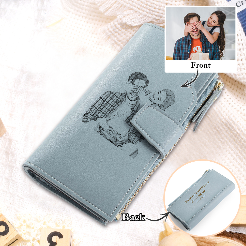 Custom Purse-Blue Personalised Leather Wallet Engraved Photo Long Purse Gifts For Women