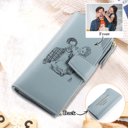 Custom Purse-Blue Personalised Leather Wallet Engraved Photo Long Purse Gifts For Women