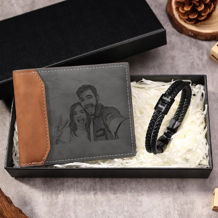 Personalised Gift Set - Custom Wallet & Bracelet with 1 Photo, 1 Letter, and 4 Names, Christmas Gift Box for Him | Jessemade