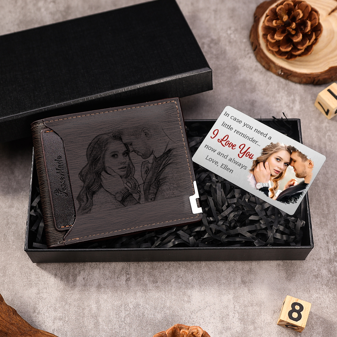 Personalised Men's Photo Wallet - Custom Letter & Name, Brown Wallet with Photo Card, Christmas Gift Set for Him | Jessemade