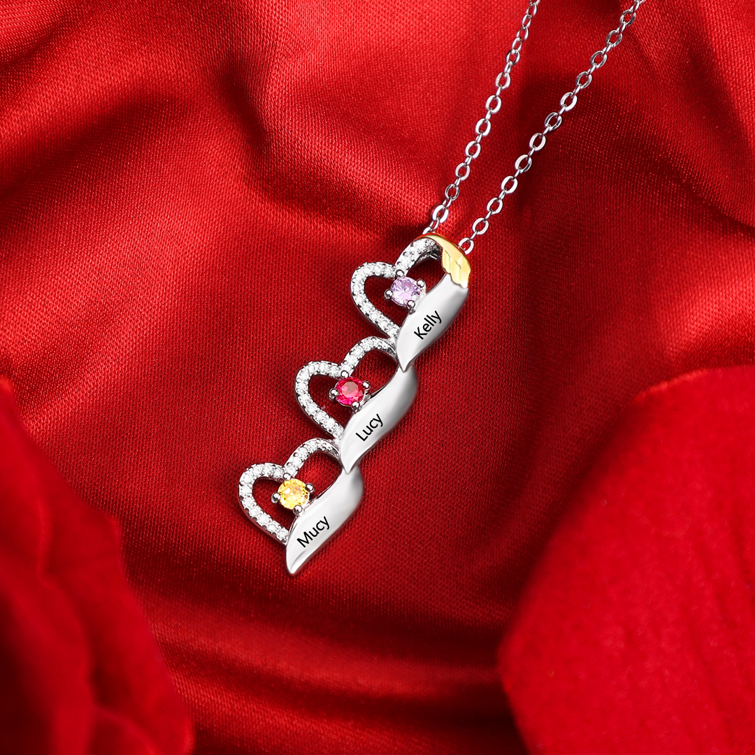 Personalised Heart Necklace, Customized 3 Names and 3 Birthstones Women's Pendant Necklace Gift for Nan | Jessemade
