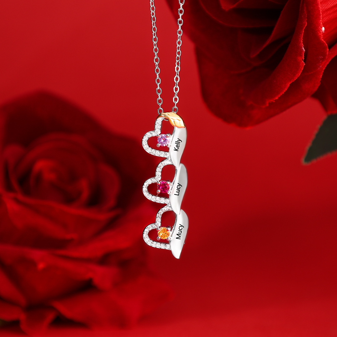 Personalised Heart Necklace, Customized 3 Names and 3 Birthstones Women's Pendant Necklace Gift for Nan | Jessemade