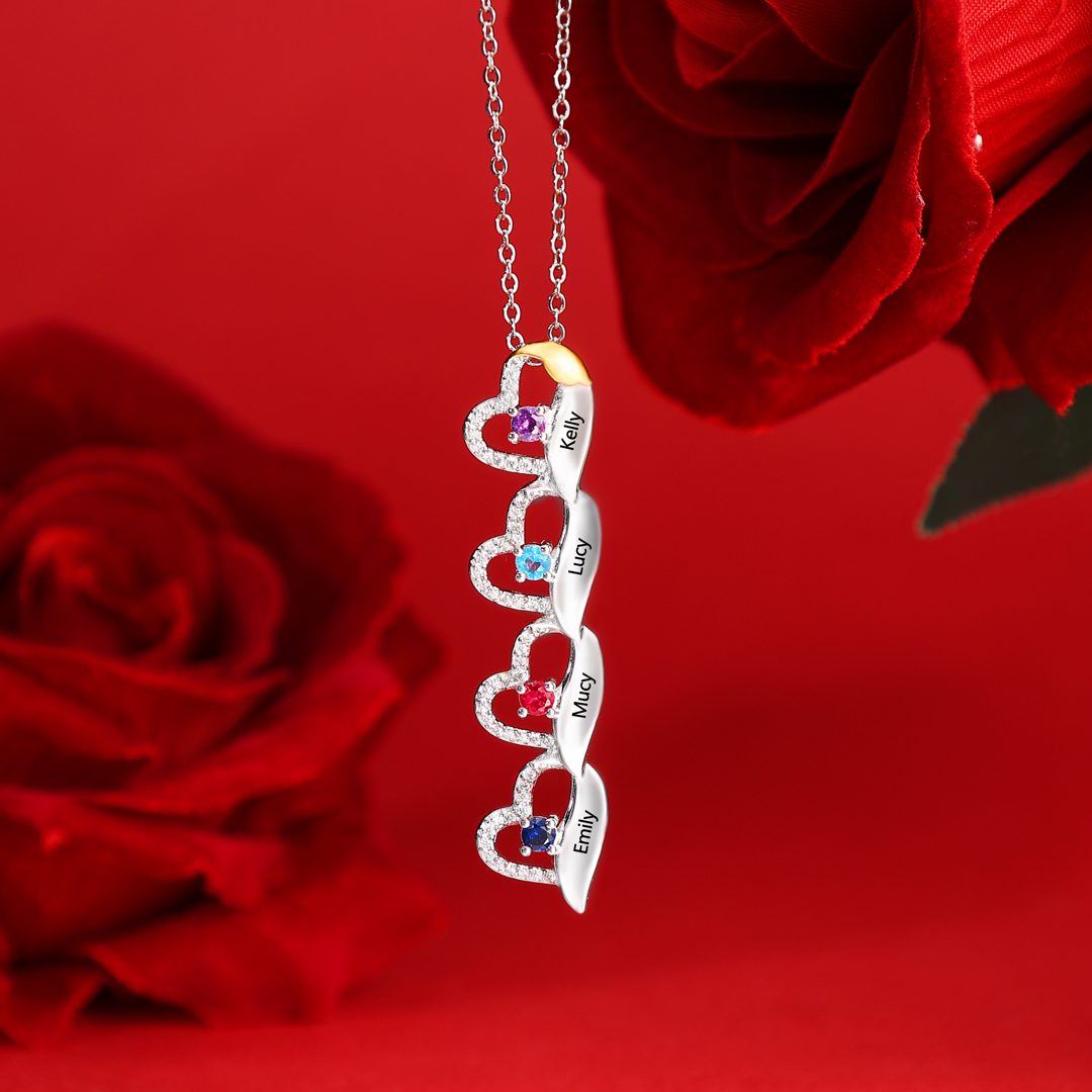 Personalised Heart Necklace, Customized 3 Names and 3 Birthstones Women's Pendant Necklace Gift for Nan | Jessemade