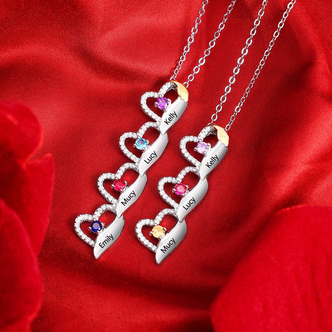Personalised Heart Necklace, Customized 3 Names and 3 Birthstones Women's Pendant Necklace Gift for Nan | Jessemade