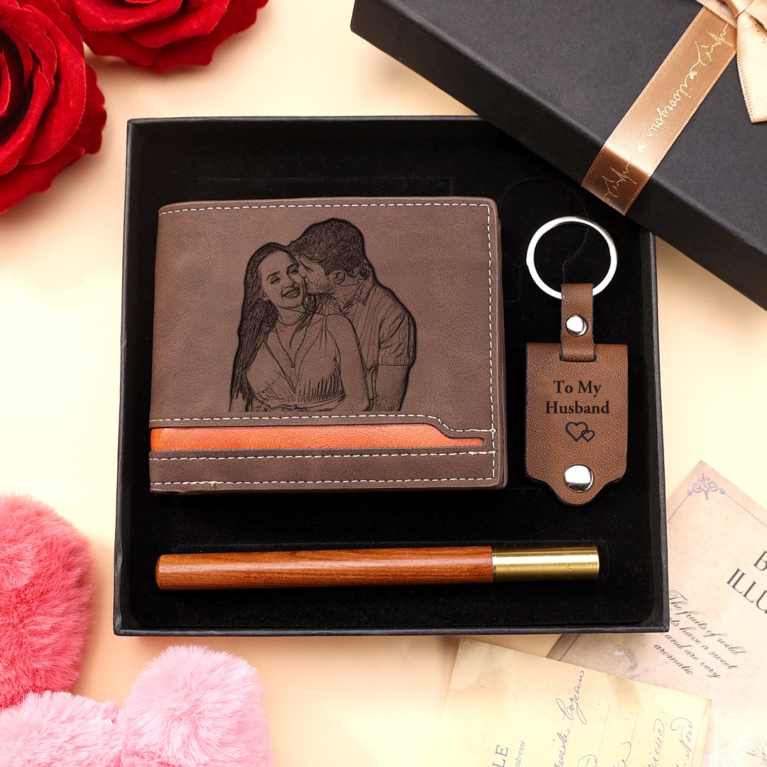 Personalised Men’s Wallet & Keyring Set – Custom Gift Box with Photo, Name, Letter, and Text – Valentine’s Day Gift for Him | Jessemade