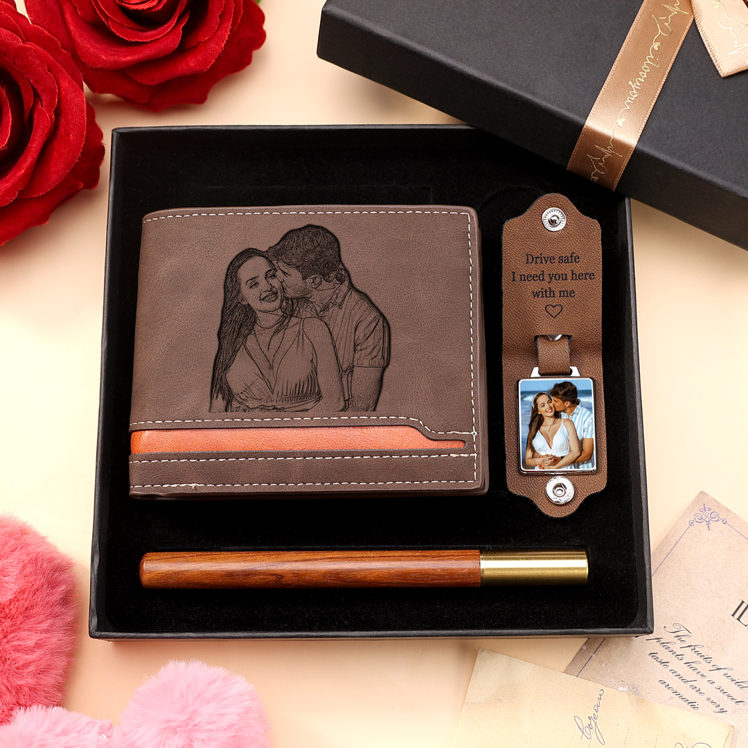 Personalised Men’s Wallet & Keyring Set – Custom Gift Box with Photo, Name, Letter, and Text – Valentine’s Day Gift for Him | Jessemade