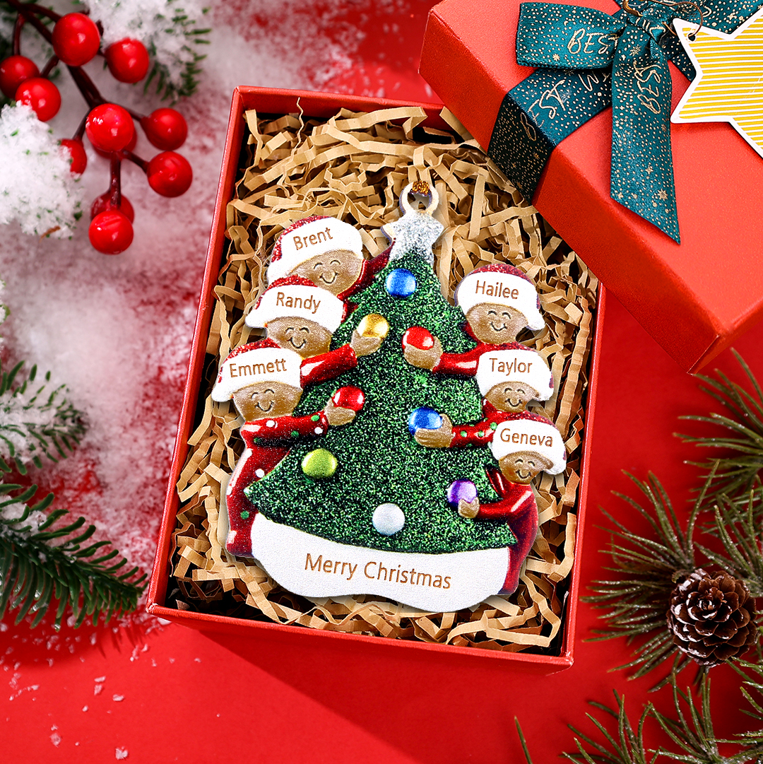 Personalised Christmas Tree Ornament with Custom 6 Names & 1 Text with Red Box- Festive Holiday Decoration for Family | Jessmade
