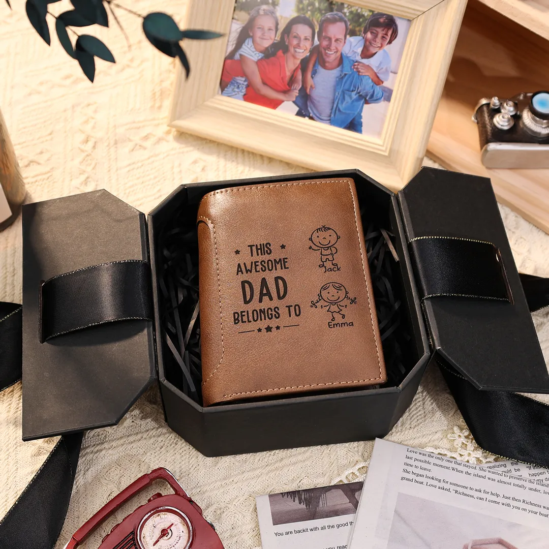 2 Names-Personalized Doll Customized Leather Men's Wallet Customized Name Folding Brown Wallet for Dad