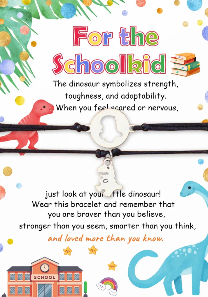 2 Pcs Dinosaur Bracelet Set with Cartoon Gift Card Adjustable Bracelet Back to School Gift for Schoolkids