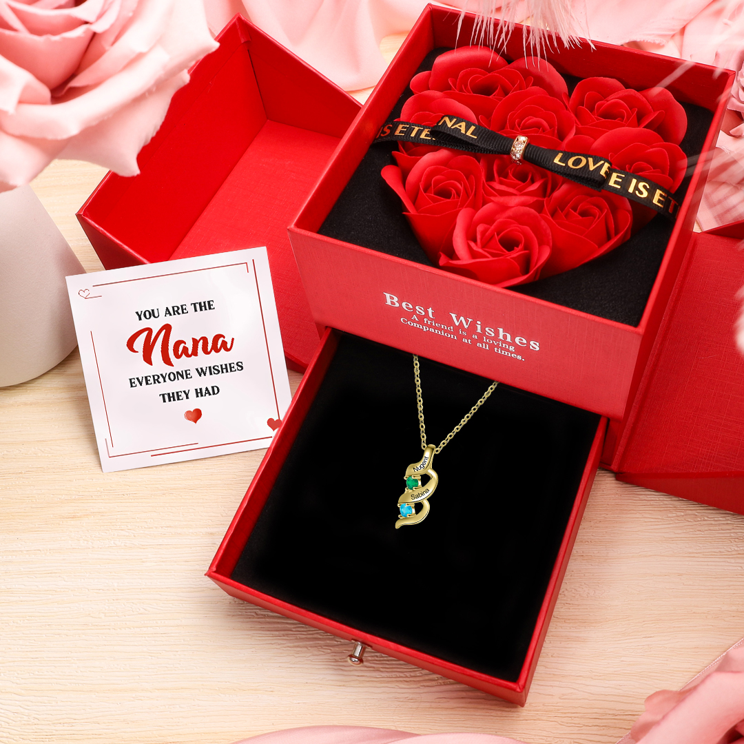 Personalized Birthstone Necklace Customized With 2 Names and 2 Birthstones With Rose Gift Box Set for Grandma | Jessmade