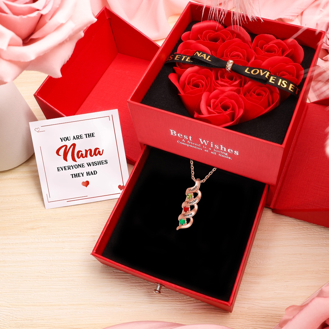 Personalized Birthstone Necklace Customized With 3 Names and 3 Birthstones With Rose Gift Box Set for Grandma | Jessmade
