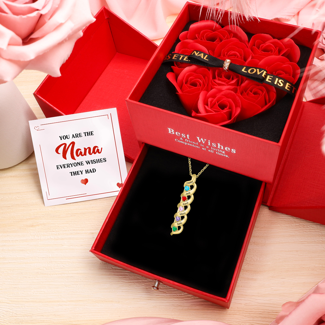 Personalized Birthstone Necklace Customized With 5 Names and 5 Birthstones With Rose Gift Box Set for Grandma | Jessmade