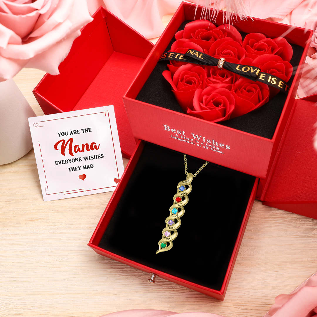 Personalized Birthstone Necklace Customized With 6 Names and 6 Birthstones With Rose Gift Box Set for Grandma | Jessmade
