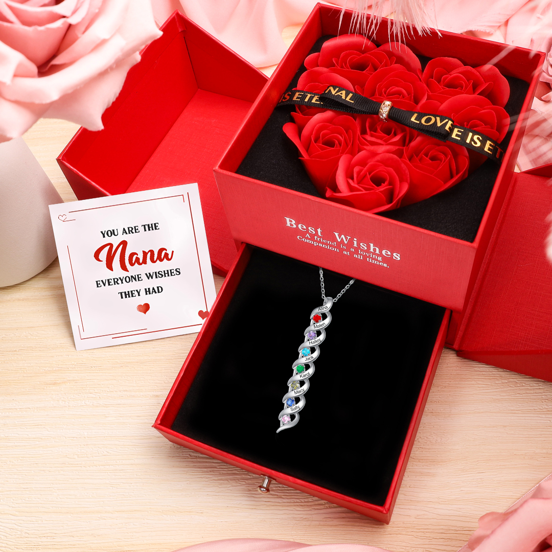 Personalized Birthstone Necklace Customized With 7 Names and 7 Birthstones With Rose Gift Box Set for Grandma | Jessmade