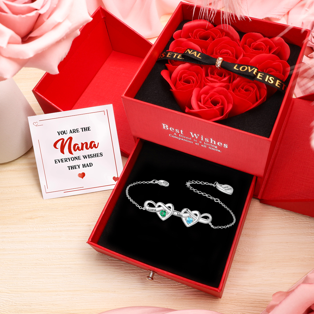2 Names-Personalized Linked Heart Bracelet With 2 Birthstones Engraved Names And Text Bangle For Nana