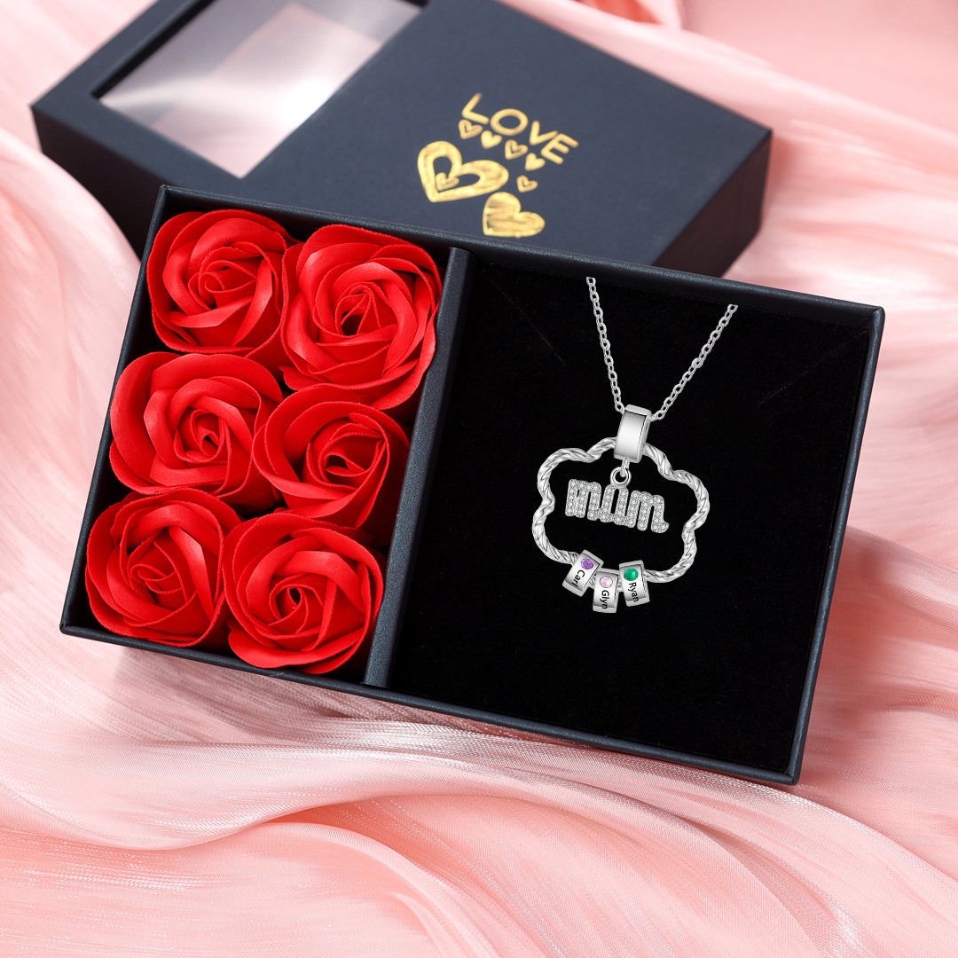 3 Names - Personalised Flower Necklace With 3 Birthstone Pendants with Gift Box Gift for Mum