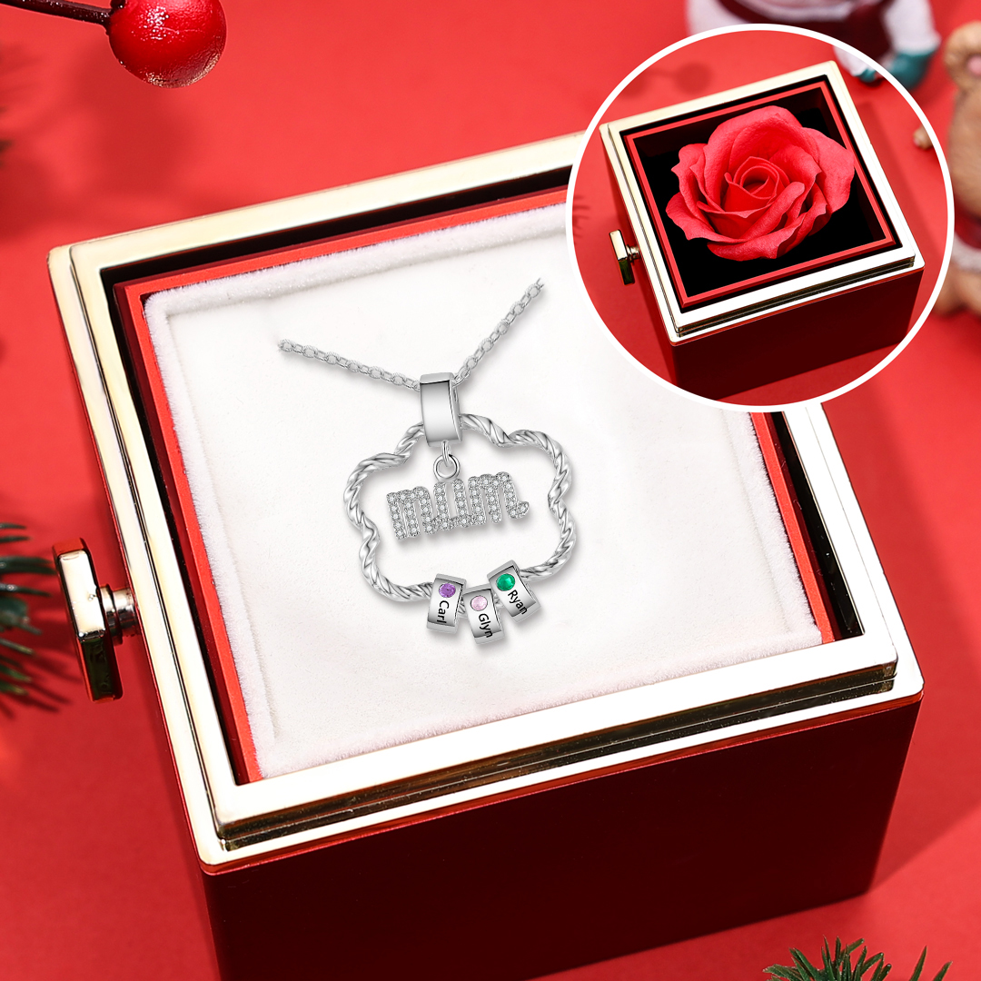 3 Names - Personalised Flower Necklace With 3 Birthstone Pendants with Gift Box Gift for Mum