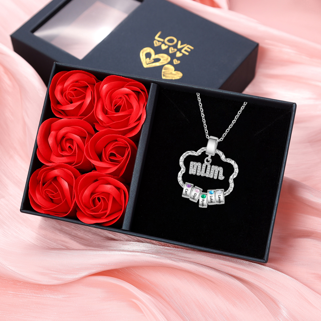 5 Names - Personalised Flower Necklace With 5 Birthstone Pendants with Gift Box Gift for Mum