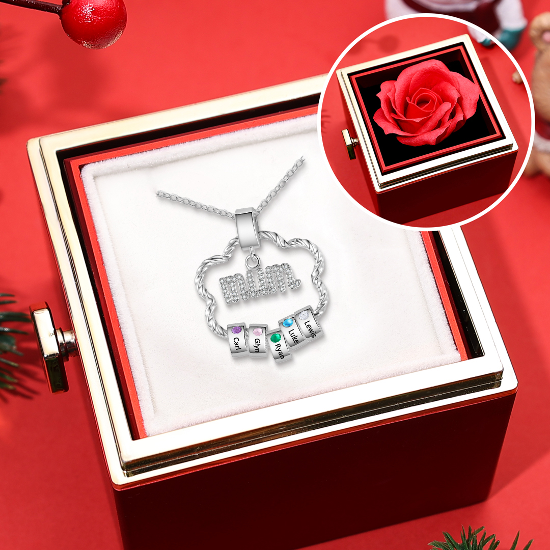 5 Names - Personalised Flower Necklace With 5 Birthstone Pendants with Gift Box Gift for Mum