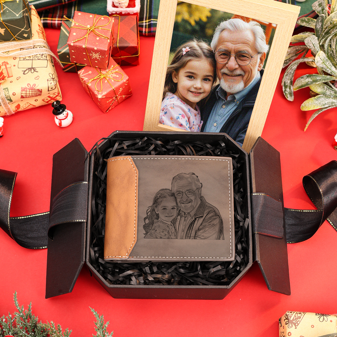 Personalised Name Leather Wallet Engraved Letter And Photo Gift For Dad